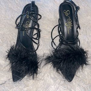 Pointed Toe Feather Trim Lace-Up Heels